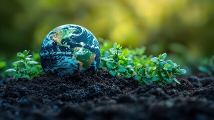 Earth globe rests on soil with green plants in a blurred background.