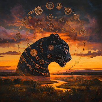 Panther s Primal Spirit  Savannah Sunrise Meets Tribal Symbology in Surreal  Mystical Landscape