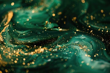 Green background with golden sparkles and liquid with glitters.