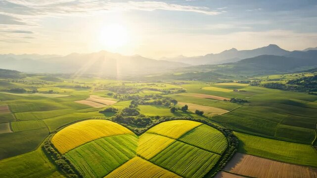 Heart Shaped Agricultural Landscape with Patchwork Fields in Vibrant Sunrise Scene