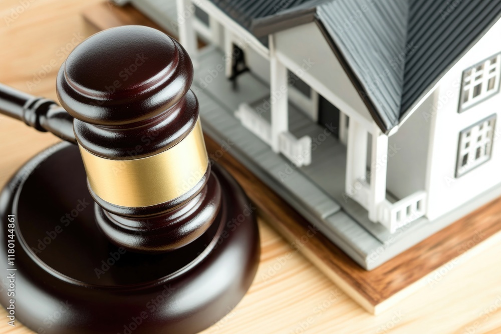 Poster a judge's gavel sits next to a scale model of a house, ideal for use in courtroom or real estate set