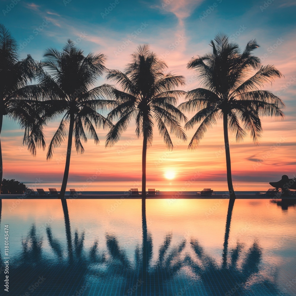 Poster a serene pool scene with palm trees surrounding it, set against a warm sunset backdrop