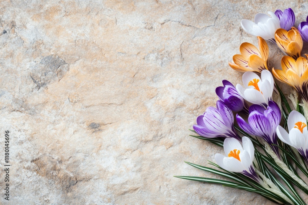 Poster a close-up view of purple and white flowers growing on a stone surface, ideal for use in designs and