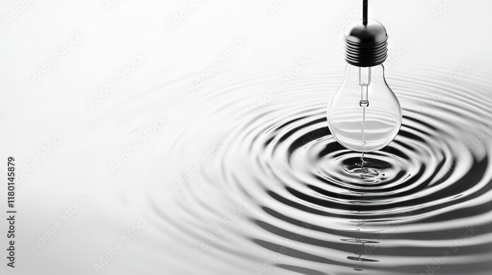 Poster a monochrome image of a dangling light bulb above a tranquil water surface with subtle waves