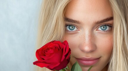 A woman holding a red rose in front of her face