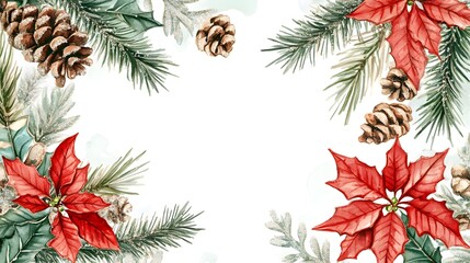 Watercolor Christmas Border With Poinsettias And Pine Cones
