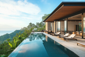 Fototapeta premium Ultra-modern mansion with an infinity pool, large outdoor lounge area, and panoramic windows.