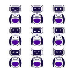 Robot emotion set. Chatbot avatar. Chatbot character head with different feelings.  Digital assistant. Icon vector. Childhood