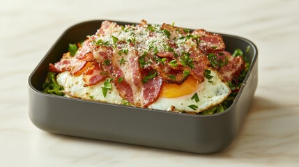 A tray of food with bacon and an egg on top