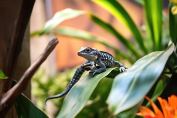 Naklejka premium A small reptile perched on a green leaf, showcasing its tiny size and camouflage abilities