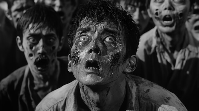Zombie, black and white Korean movie scene