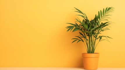 Fototapeta premium Potted parlor palm plant against yellow background.