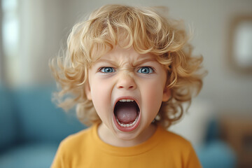 A child with an angry expression screaming, showcasing intense emotions and raw energy in a realistic and relatable scene.