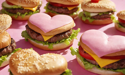 Colorful heart-shaped burgers with pink cheese on a vibrant pink table. Valentine’s Day idea, date, engagement party, love party, eat, food