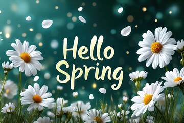 Inscription of Hello Spring with beautiful chamomile flowers on blurred nature background