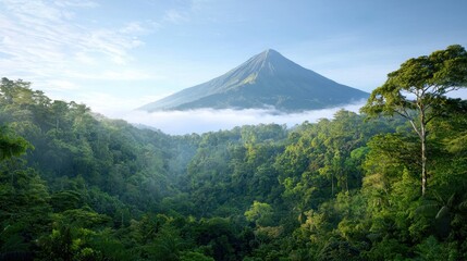 Fototapeta premium A view of a mountain in the middle of a lush green forest