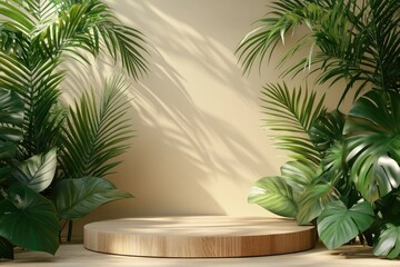Fototapeta premium Empty round wooden podium surrounded by tropical plants and palm leaves for cosmetic product display