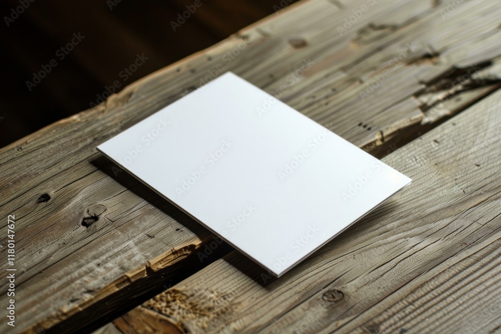 Poster blank white card is resting on a rustic wooden table providing copy space for your message