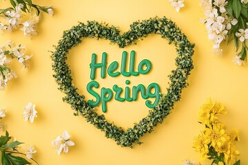 Inscription of Hello Spring with green heart and flowers on yellow background
