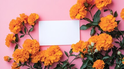 Day of the Dead and Indian-inspired greeting card design featuring marigolds and a blank white card on a pink background.