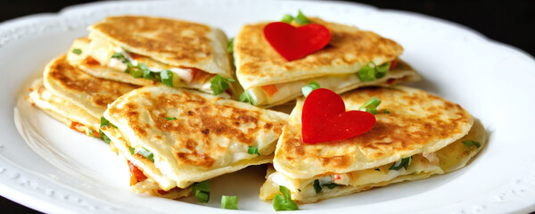 Heart-shaped quesadillas with green onions and red decorations for a special occasion. Valentine&rsquo;s Day idea, date, engagement party, love party, eat, food