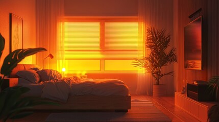 Modern bedroom with sunrise alarm clock emitting warm light illustration