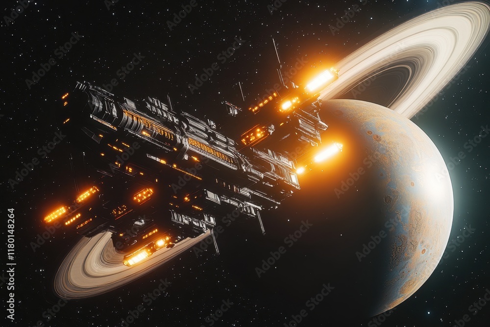 Poster spaceship navigating near a massive planet with rings in deep space