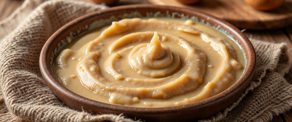 Nut butter in a rustic bowl with smooth, creamy texture evoking warmth and comfort, placed on a textured burlap backdrop with wooden elements in the background