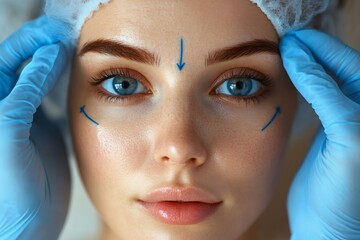 Surgeon preparing woman for plastic surgery drawing marks on face