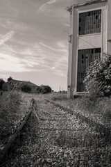 Abandoned railroad tracks leading to derelict industrial building