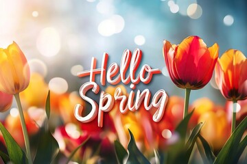 Inscription of Hello Spring with beautiful tulip flowers on blurred nature background