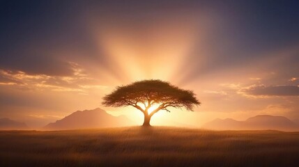 A lone tree in the middle of a grassy field at sunset