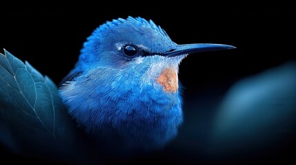 Obraz premium A blue bird sitting on top of a green leaf