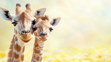 A couple of giraffes standing next to each other in a field of flowers