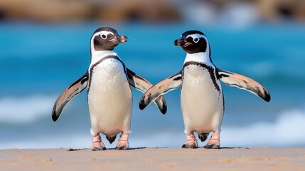 Fototapeta premium Two penguins standing next to each other on a beach