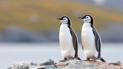 Obraz premium Two penguins standing on a rock by the water