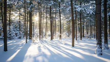 Sunlight streaming through snowy pine forest in winter