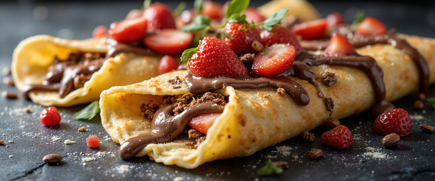 Delicious French crepes topped with fresh strawberries and chocolate sauce, beautifully plated on a slate surface, evoking a sense of indulgence and culinary delight