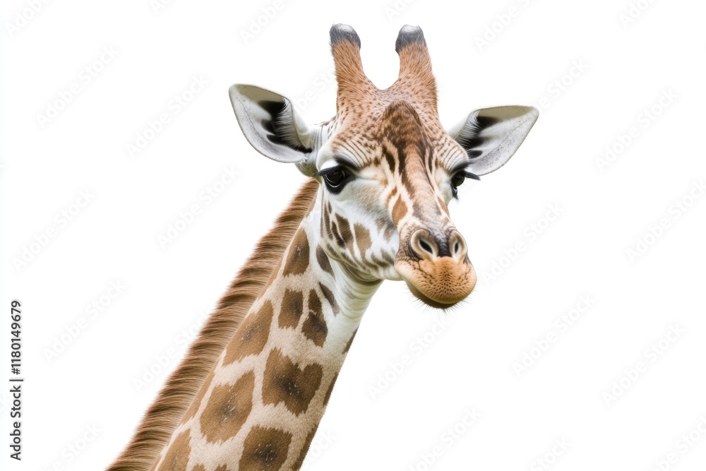 Poster a close-up view of a giraffe's face on a white background
