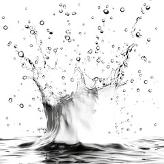 Dynamic high-speed monochrome water splash showcasing liquid crown, kinetic energy, abstract art, ripples, droplets, and motion freeze on transparent background.
