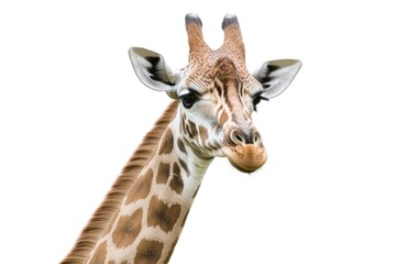Fototapeta premium A close-up view of a giraffe's face on a white background