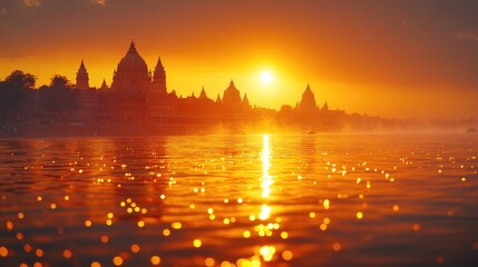 Naklejka premium A serene scene with the sun dipping below the horizon reflected in the calm waters