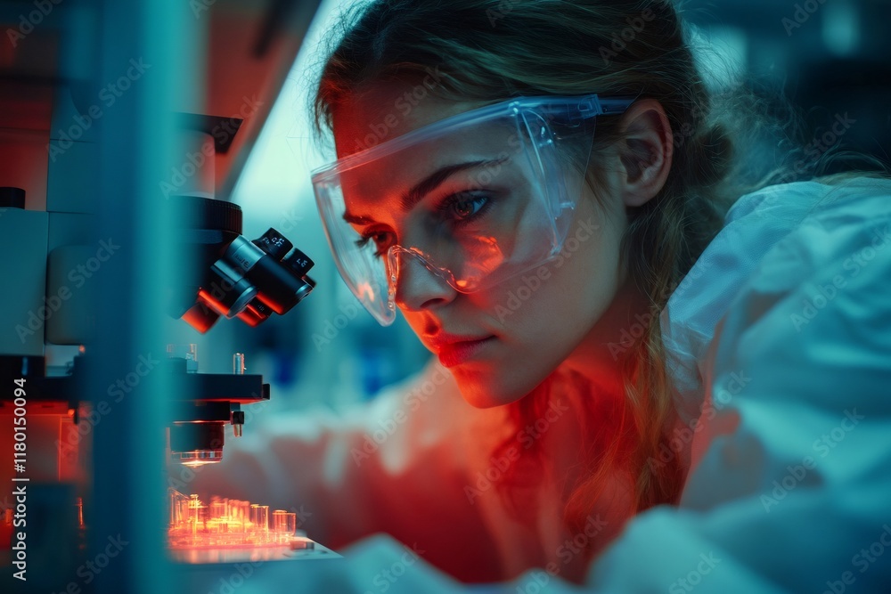Poster medical scientist working with microscope in laboratory doing research