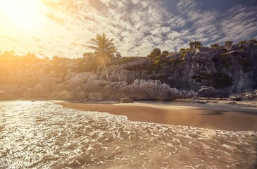 Tropical beach with palm trees and cliffs at sunset in tulum, mexico