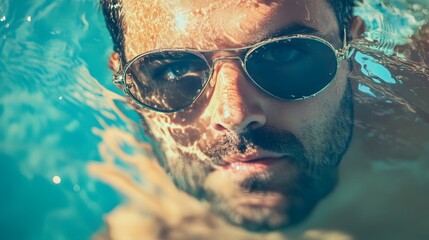 Man underwater, wearing sunglasses, close-up.