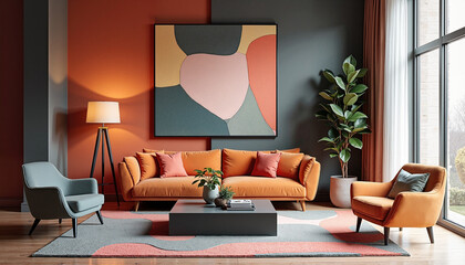 Modern living room with colorful furniture and abstract art