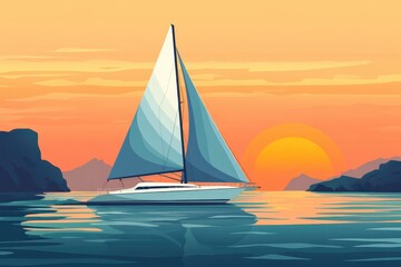 Fototapeta premium A sailboat sailing on the sea, with a sunset in the background. The boat is white and has one big blue billowing sail. It's floating on calm waters near some cliffs. There's an orange sun setting 