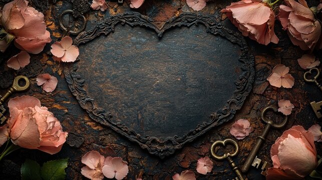 Vintage Love Heart Frame: A rustic heart-shaped frame, crafted from weathered metal, nestled amidst delicate pink rose petals and antique keys, evokes a timeless and romantic ambiance.