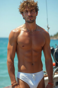 Handsome Blonde Male Model on Boat in the Sea Wearing White Swim Brief Speedo Style Bathing Suit