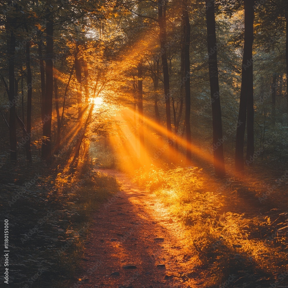 Poster a serene scene of sunlight shining through tree leaves in a forest environment